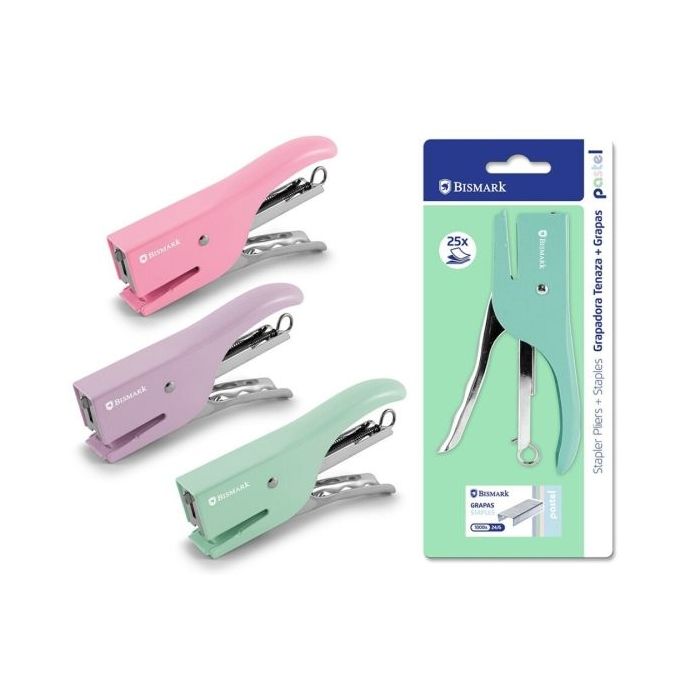 Bismark Grapadora de Tenaza + 1000 Grapas 24/6 - Capacidad de Grapado 25 Hojas - Diseño Ergonomico - Alta Durabilidad - Colores