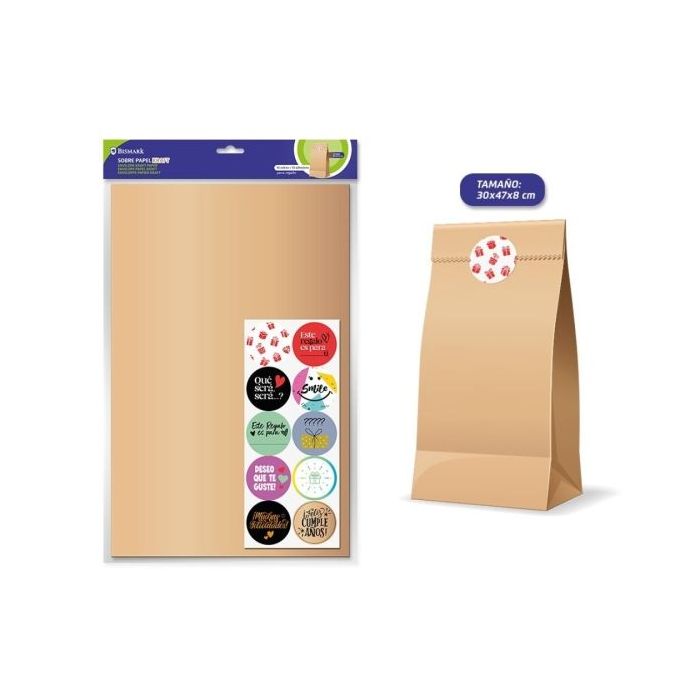 Bismark Pack de 10 Sobres Papel Kraft 50grs con 10 Pegatinas para Cierre - Medidas 30x47x8cm - Ideal para Regalos - Color Marron