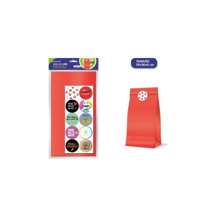 Bismark Pack de 10 Sobres Papel Kraft 50grs con 10 Pegatinas para Cierre - Medidas 19x36x6cm - Ideal para Regalos - Color Rojo