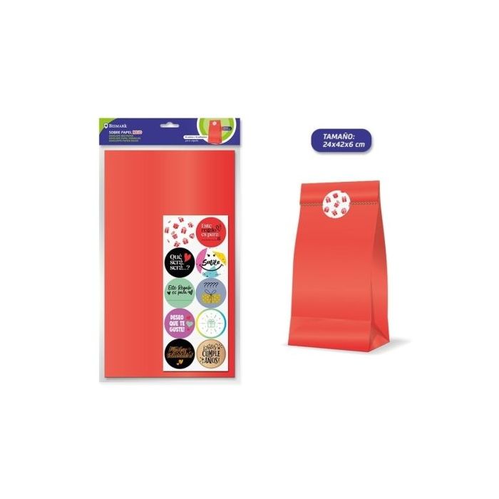 Bismark Pack de 10 Sobres Papel Kraft 50grs con 10 Pegatinas para Cierre - Medidas 24x42x6cm - Ideal para Regalos - Color Rojo