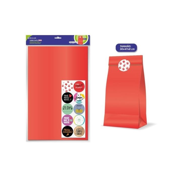Bismark Pack de 10 Sobres Papel Kraft 50grs con 10 Pegatinas para Cierre - Medidas 30x47x8cm - Ideal para Regalos - Color Rojo