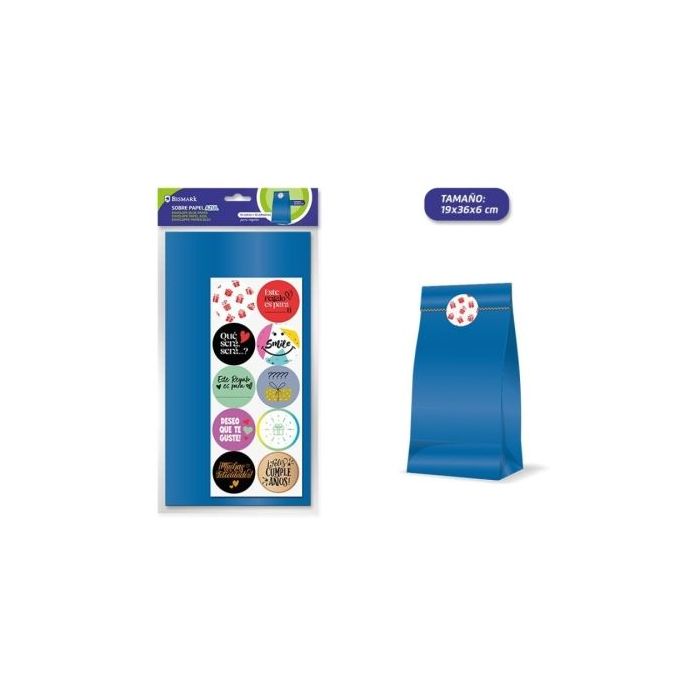 Bismark Pack de 10 Sobres Papel Kraft 50grs con 10 Pegatinas para Cierre - Medidas 19x36x6cm - Ideal para Regalos - Color Azul