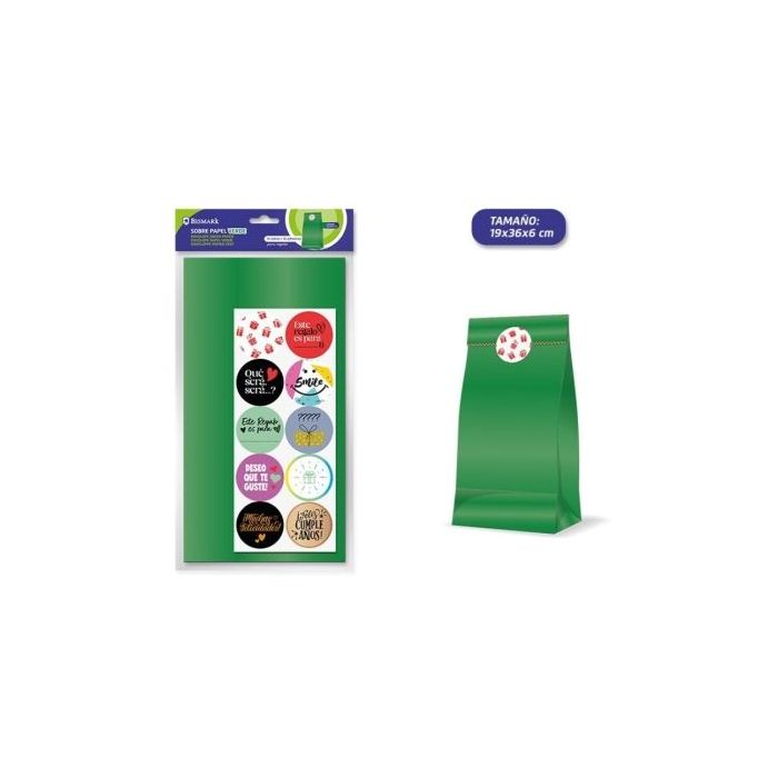 Bismark Pack de 10 Sobres Papel Kraft 50grs con 10 Pegatinas para Cierre - Medidas 19x36x6cm - Ideal para Regalos - Color Verde