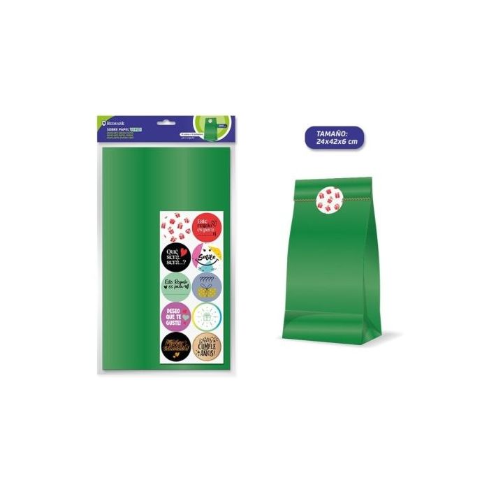 Bismark Pack de 10 Sobres Papel Kraft 50grs con 10 Pegatinas para Cierre - Medidas 24x42x6cm - Ideal para Regalos - Color Verde