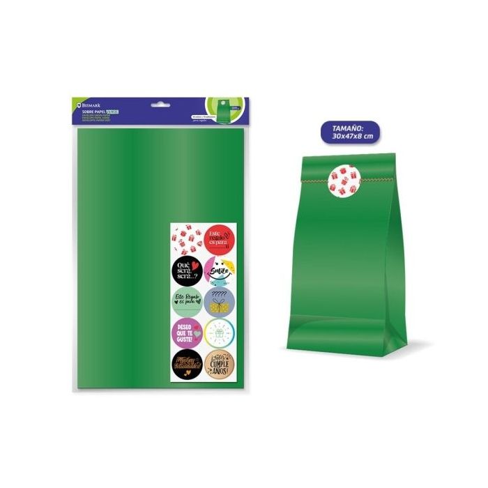 Bismark Pack de 10 Sobres Papel Kraft 50grs con 10 Pegatinas para Cierre - Medidas 30x47x8cm - Ideal para Regalos - Color Verde