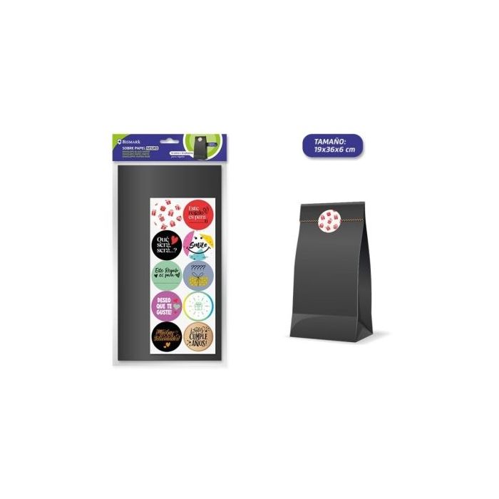 Bismark Pack de 10 Sobres Papel Kraft 50grs con 10 Pegatinas para Cierre - Medidas 19x36x6cm - Ideal para Regalos - Color Negro