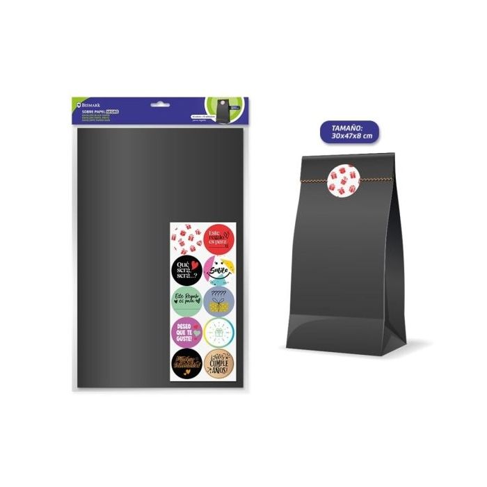 Bismark Pack de 10 Sobres Papel Kraft 50grs con 10 Pegatinas para Cierre - Medidas 30x47x8cm - Ideal para Regalos - Color Negro