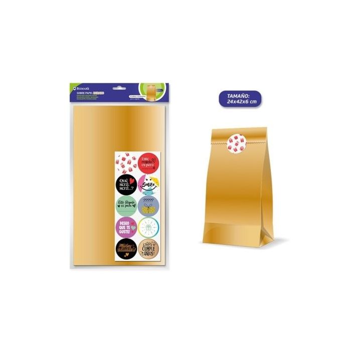 Bismark Pack de 10 Sobres Papel Kraft 50grs con 10 Pegatinas para Cierre - Medidas 19x36x6cm - Ideal para Regalos - Color Oro