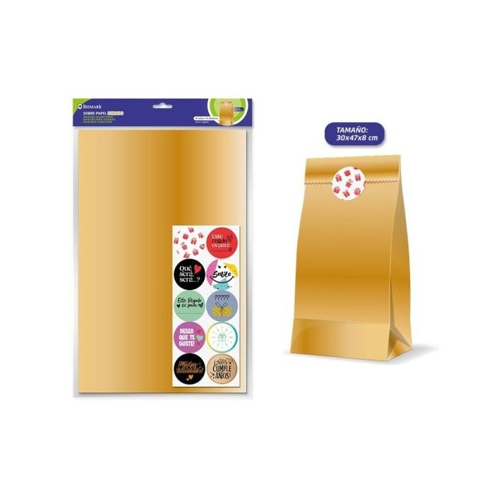 Bismark Pack de 10 Sobres Papel Kraft 50grs con 10 Pegatinas para Cierre - Medidas 30x47x8cm - Ideal para Regalos - Color Oro