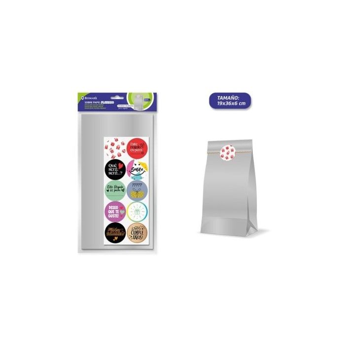 Bismark Pack de 10 Sobres Papel Kraft 50grs con 10 Pegatinas para Cierre - Medidas 19x36x6cm - Ideal para Regalos - Color Plata