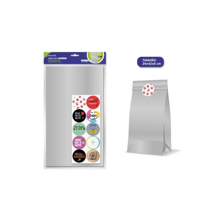Bismark Pack de 10 Sobres Papel Kraft 50grs con 10 Pegatinas para Cierre - Medidas 24x42x6cm - Ideal para Regalos - Color Plata