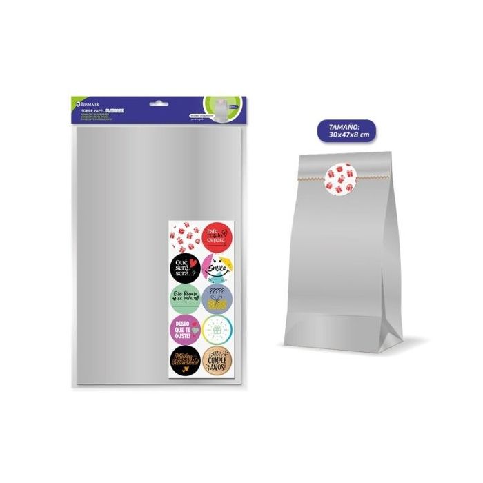 Bismark Pack de 10 Sobres Papel Kraft 50grs con 10 Pegatinas para Cierre - Medidas 30x47x8cm - Ideal para Regalos - Color Plata