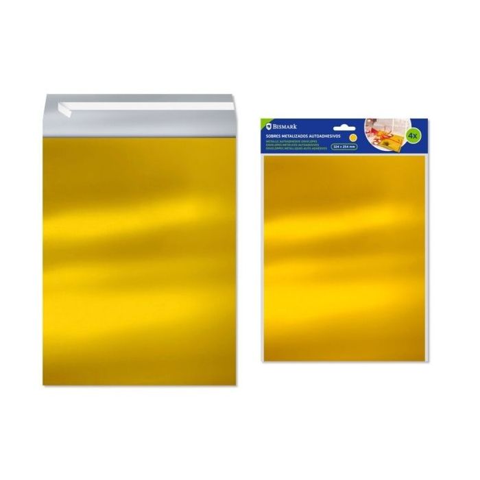 Bismark Pack de 4 Sobres Metalizados - Medidas 324x254mm - Cierre Autoadhesivo - Ideal para Regalos - Color Oro