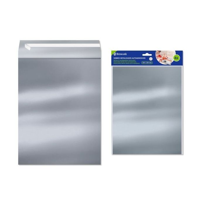 Bismark Pack de 4 Sobres Metalizados - Medidas 324x254mm - Cierre Autoadhesivo - Ideal para Regalos - Color Plata