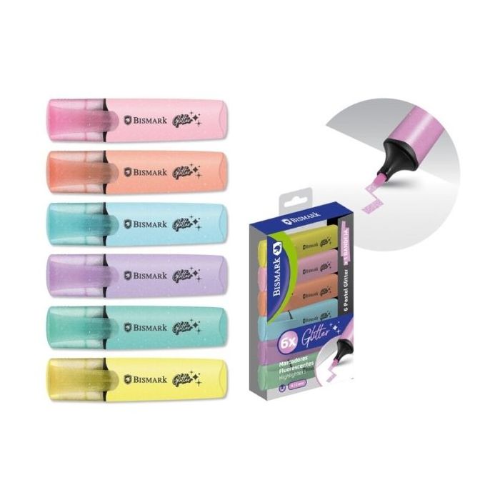 Bismark Pack de 6 Marcadores Fluorescentes Glitter Pastel - Tinta de Secado Rapido - Punta Biselada - Ideal para Subrayar y Resa