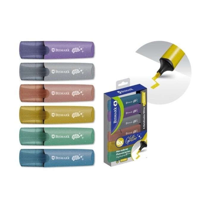 Bismark Pack de 6 Marcadores Fluorescentes Glitter Metalizados - Tinta de Secado Rapido - Punta Biselada - Ideal para Subrayar y