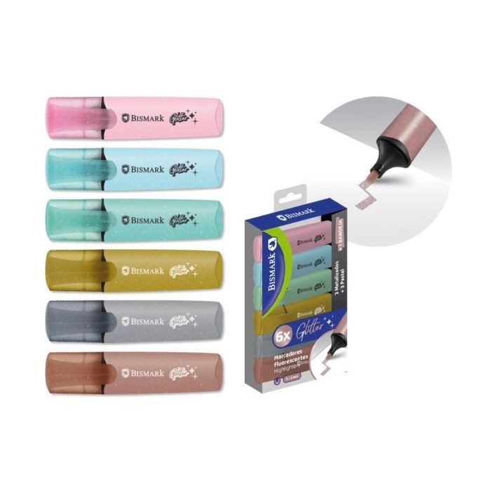 Bismark Pack de 6 Marcadores Fluorescentes Glitter - 3x Pastel y 3x Metalizados - Tinta de Secado Rapido - Punta Biselada - Idea