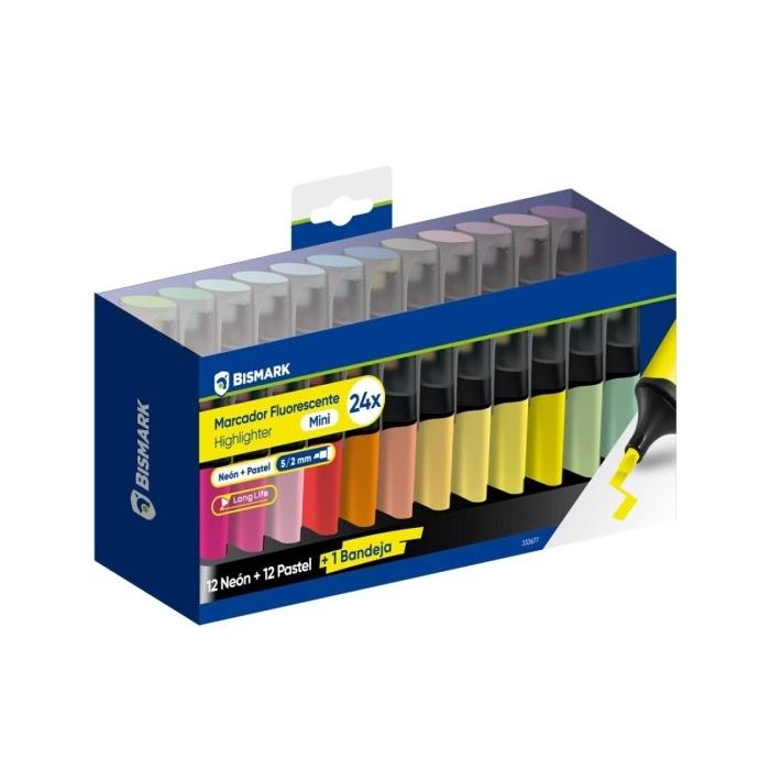 Bismark Long-Life Set de Mesa con 24 Mini Marcadores Fluorescentes - 12x Neon y 12x Pastel - Tinta de Secado Rapido - Punta Bise