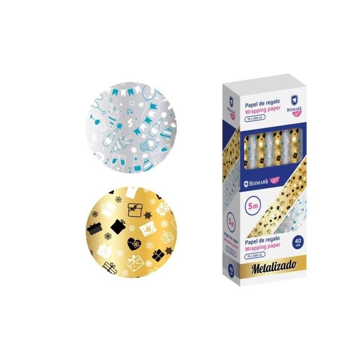 Bismark Metalizado Rollo de Papel Regalo - Medidas 70cmx500cm - 2 Diseños Diferentes