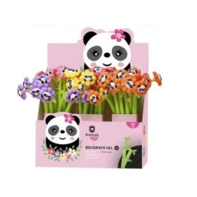 Bismark Animals Panda Boligrafo Tacto Soft con Flores y Cara de Panda - Punta Fina - Tinta Gel Color Negro - 6 Diseños Diferente