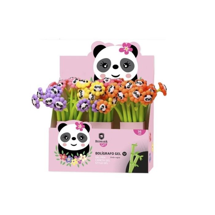Bismark Animals Panda Boligrafo Tacto Soft con Flores y Cara de Panda - Punta Fina - Tinta Gel Color Negro - 6 Diseños Diferente