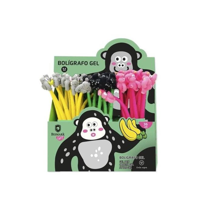 Bismark Animals Gorila Boligrafo Tacto Soft con Divertidos Gorilas - Punta Fina - Tinta Gel Color Negro - 3 Diseños Diferentes