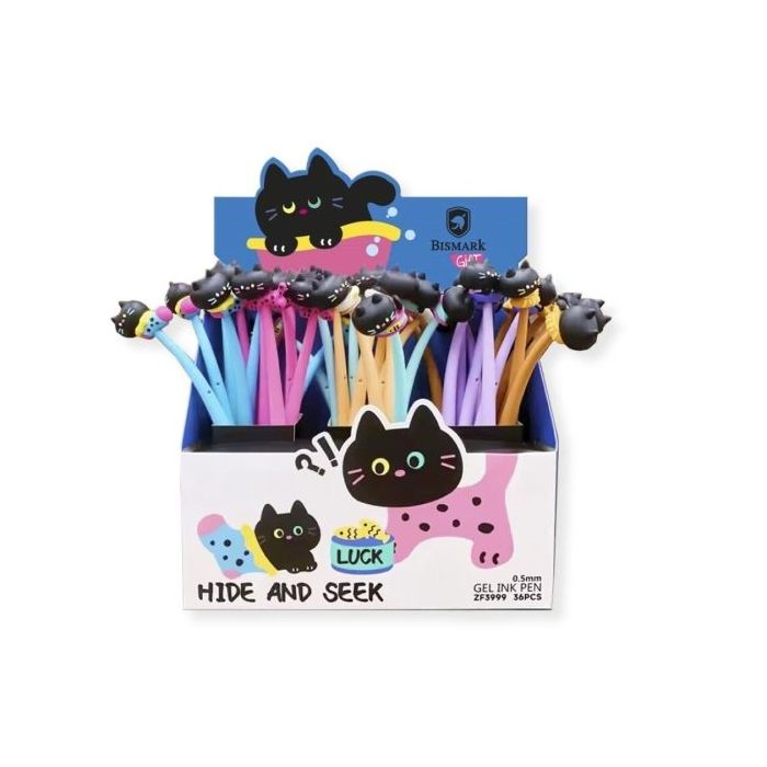 Bismark Animals Gato Boligrafo Tacto Soft con Divertidos Gatitos Negros - Punta Fina - Tinta Gel Color Negro - 6 Diseños Diferen