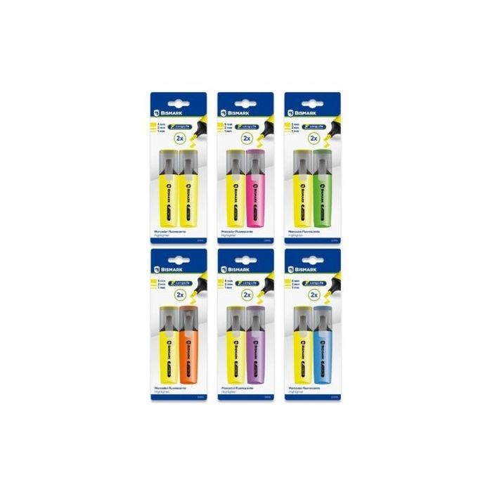 Bismark Long-Life Pack de 2 Marcadores Fluorescentes- Tinta de Secado Rapido - Punta Biselada - Ideal para Subrayar y Resaltar -
