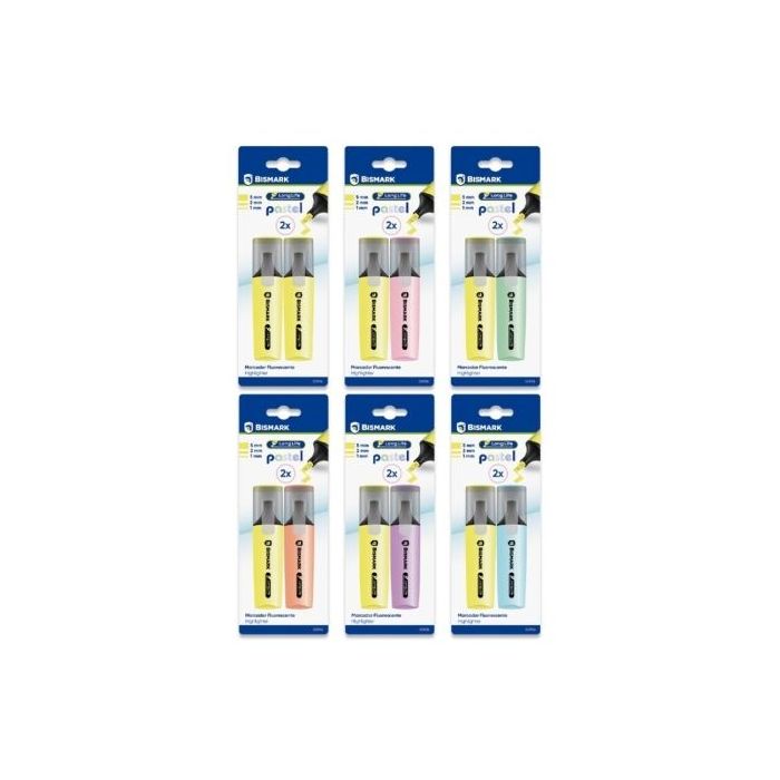 Bismark Long-Life Pack de 2 Marcadores Fluorescentes- Tinta de Secado Rapido - Punta Biselada - Ideal para Subrayar y Resaltar -