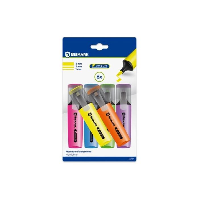 Bismark Long-Life Pack de 6 Marcadores Fluorescentes Neon - Tinta de Secado Rapido - Punta Biselada - Ideal para Subrayar y Resa