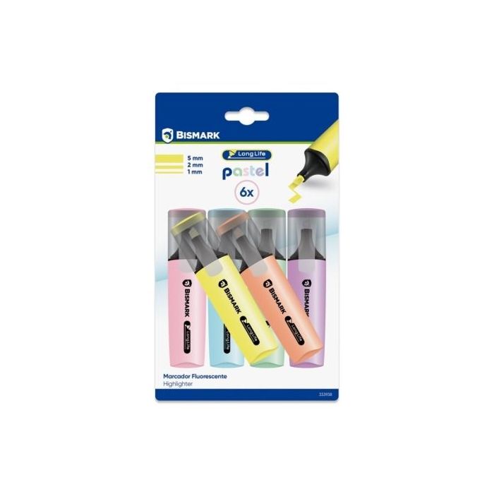 Bismark Long-Life Pack de 6 Marcadores Fluorescente Pastel - Tinta de Secado Rapido - Punta Biselada - Ideal para Subrayar y Res