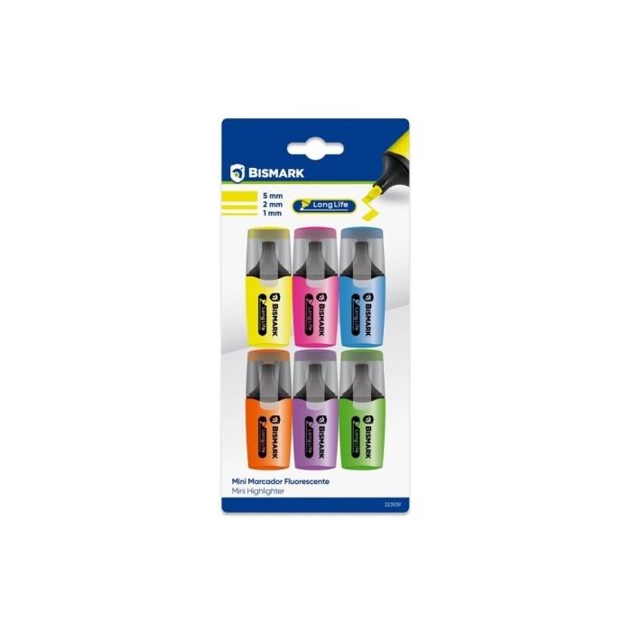 Bismark Long-Life Pack de 6 Mini Marcadores Fluorescentes Neon - Tinta de Secado Rapido - Punta Biselada - Ideal para Subrayar y