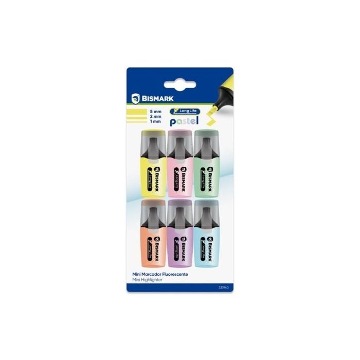 Bismark Long-Life Pack de 6 Mini Marcadores Fluorescentes Pastel - Tinta de Secado Rapido - Punta Biselada - Ideal para Subrayar