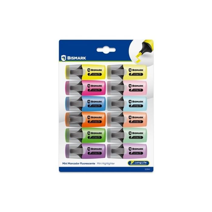 Bismark Long-Life Pack de 12 Mini Marcadores Fluorescentes - 6x Neon y 6x Pastel - Tinta de Secado Rapido - Punta Biselada - Ide