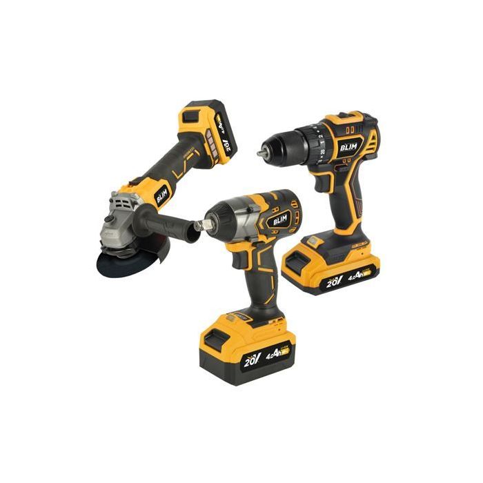 Blim Pack 20V Taladro + Llave Impacto + Radial S/Carbones - 2 Baterias 4Ah - Color Varios
