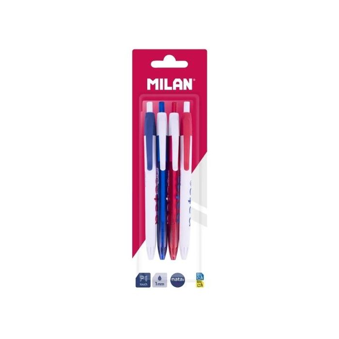 Milan P1 Nata® 624 Pack con 4 Boligrafos de Bola Retractiles - Punta Redonda 1mm - Tinta Color Azul - Cuerpos de Colores Surtido