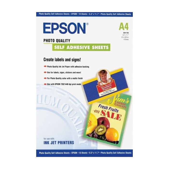 Epson Photo Quality Self Adhesive Pack de 10 Hojas Autoadhesivas - A4 - Gramaje de 167g/m2 - Calidad Fotografica - Mate - Compat