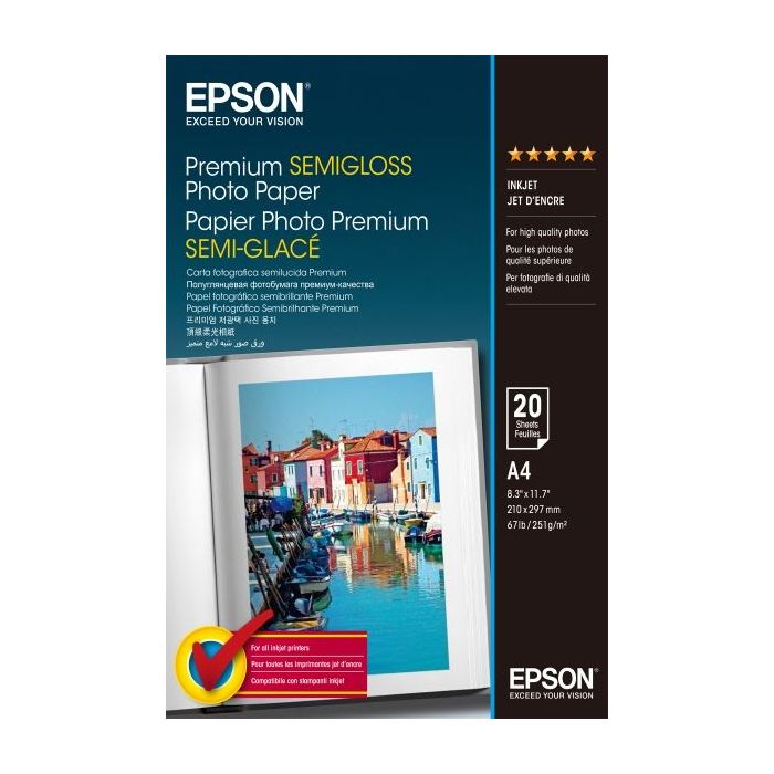 Epson Premium Semiglossy Photo Pack de 20 Hojas de Papel Fotografico - A4 - Gramaje de 251g/m2 - Acabado Semibrillante - Compati