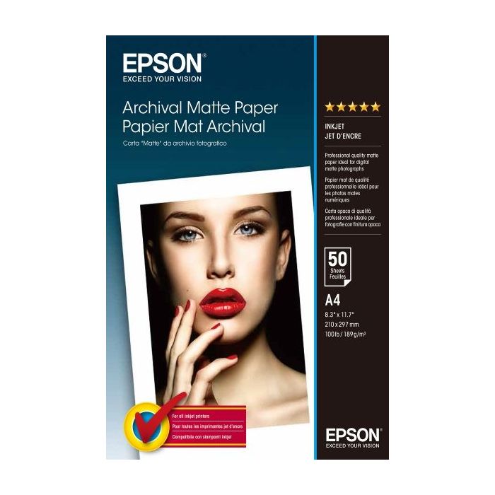 Epson Archival Matte Pack de 50 Hojas de Papel Fotografico - A4 - Gramaje de 192g/m2 - Acabado Mate - Compatible con Impresoras