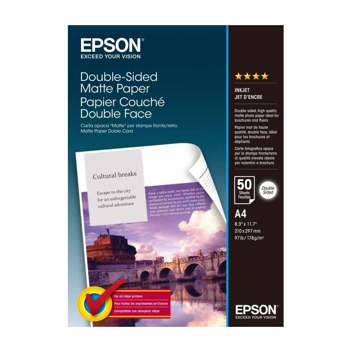 Epson Double-Sided Matte Pack de 50 Hojas de Papel - A4 - Gramaje de 178g/m2 - Mate - Especial para Impresion a Doble Cara - Com