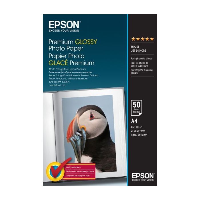 Epson Premium Glossy Photo Pack de 50 Hojas de Papel Fotografico - A4 - Gramaje de 255g/m2 - Acabado Brillante - Compatible con