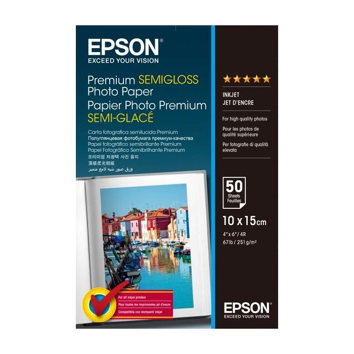 Epson Premium Semiglossy Photo Pack de 50 Hojas de Papel Fotografico - 10x15cm - Gramaje de 251g/m2 - Acabado Semibrillante - Co
