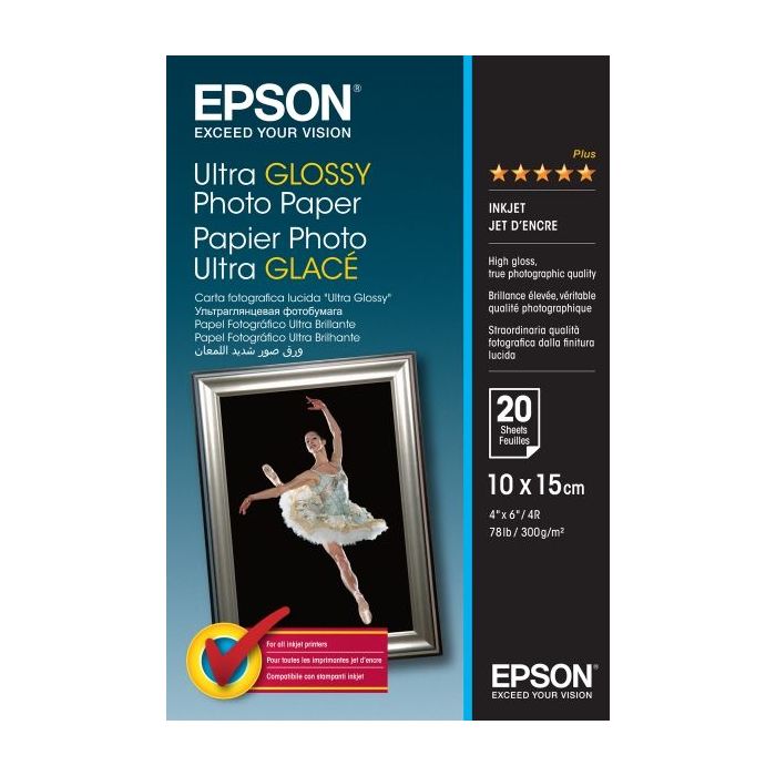 Epson Ultra Glossy Photo Pack de 20 Hojas de Papel Fotografico - 10x15cm - Gramaje de 300g/m2 - Acabado Brillante - Compatible c