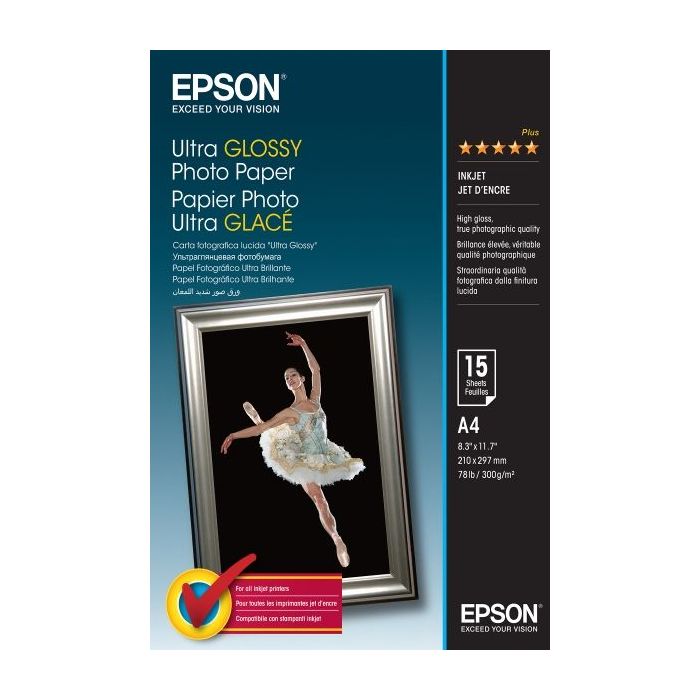 Epson Ultra Glossy Photo Pack de 15 Hojas de Papel Fotografico - A4 - Gramaje de 300g/m2 - Acabado Brillante - Compatible con Im