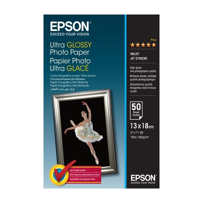 Epson Ultra Glossy Photo Pack de 50 Hojas de Papel Fotografico - 13x18cm - Gramaje de 300g/m2 - Acabado Brillante - Compatible c
