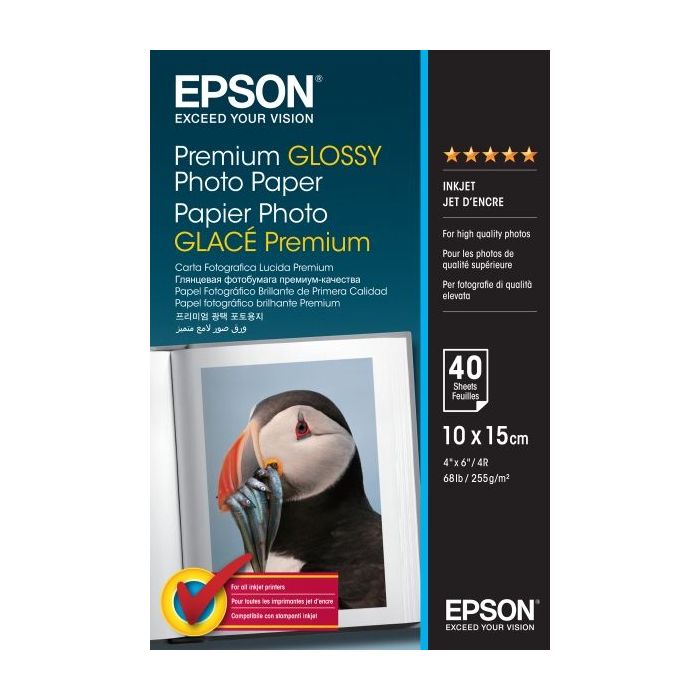 Epson Premium Glossy Photo Pack de 40 Hojas de Papel Fotografico - 10x15cm - Gramaje de 255g/m2 - Acabado Brillante - Compatible