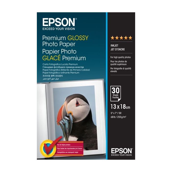 Epson Premium Glossy Photo Pack de 30 Hojas de Papel Fotografico - 13x18cm - Gramaje de 255g/m2 - Acabado Brillante - Compatible