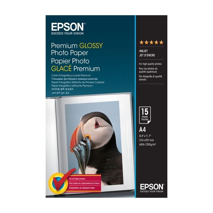Epson Premium Glossy Photo Pack de 15 Hojas de Papel Fotografico - A4 - Gramaje de 255g/m2 - Acabado Brillante - Compatible con