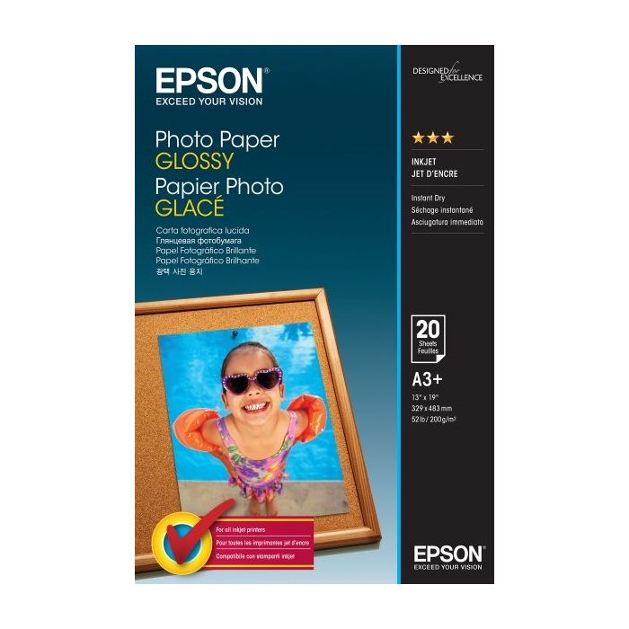 Epson Photo Glossy Pack de 20 Hojas de Papel Fotografico - A3+ - Gramaje de 200g/m2 - Acabado Brillante - Compatible con Impreso