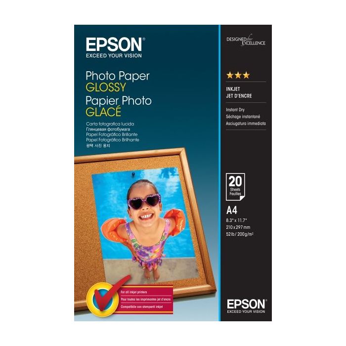 Epson Photo Glossy Pack de 20 Hojas de Papel Fotografico - A4 - Gramaje de 200g/m2 - Acabado Brillante - Compatible con Impresor